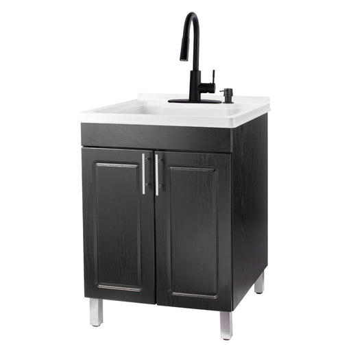 Tehila Black Vanity Cabinet and White Utility Sink with Black Finish High-Arc Pull-Down Faucet - Sweatfully