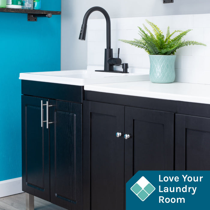 Tehila Black Vanity Cabinet and White Utility Sink with Black Finish High-Arc Pull-Down Faucet - Sweatfully