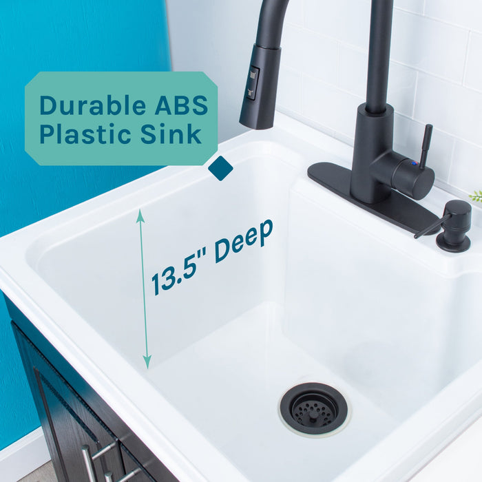 Tehila Black Vanity Cabinet and White Utility Sink with Black Finish High-Arc Pull-Down Faucet - Sweatfully