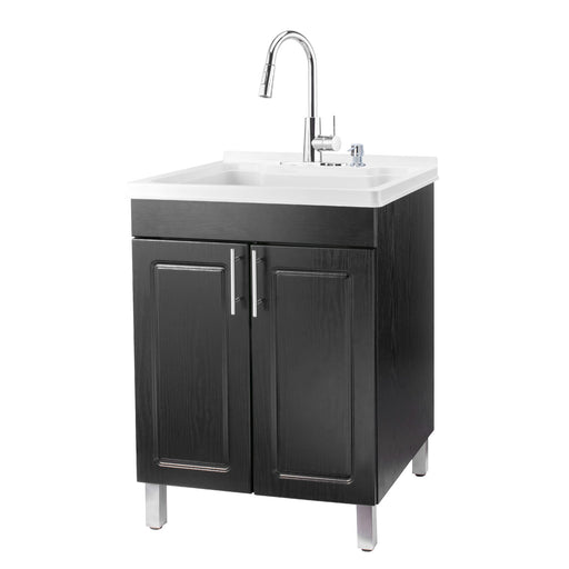 Tehila Black Vanity Cabinet and White Utility Sink with Chrome Finish High-Arc Pull-Down Faucet - Sweatfully