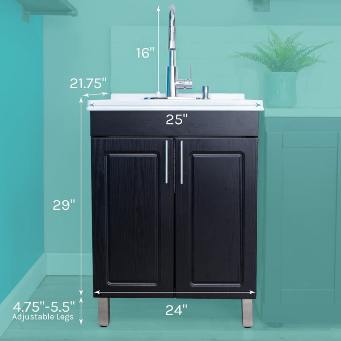 Tehila Black Vanity Cabinet and White Utility Sink with Chrome Finish High-Arc Pull-Down Faucet - Sweatfully