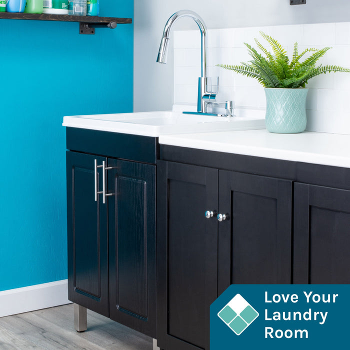 Tehila Black Vanity Cabinet and White Utility Sink with Chrome Finish High-Arc Pull-Down Faucet - Sweatfully