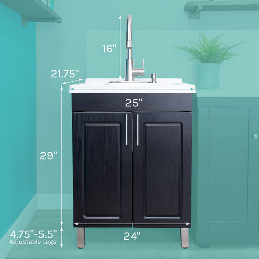 Tehila Black Vanity Cabinet and White Utility Sink with Stainless Steel Finish High-Arc Pull-Down Faucet - Sweatfully