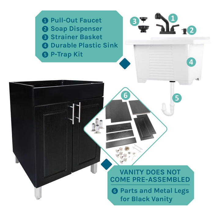 Tehila Black Vanity Cabinet and White Utility Sink with Black Finish Pull-Out Faucet - Sweatfully