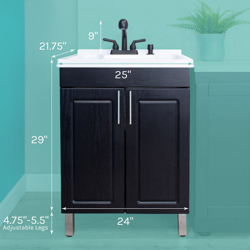 Tehila Black Vanity Cabinet and White Utility Sink with Black Finish Pull-Out Faucet - Sweatfully