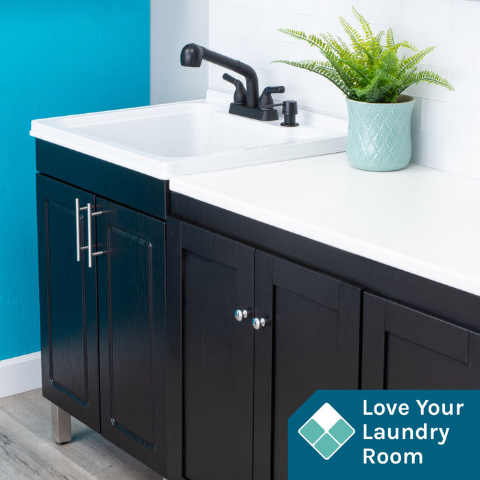 Tehila Black Vanity Cabinet and White Utility Sink with Black Finish Pull-Out Faucet - Sweatfully