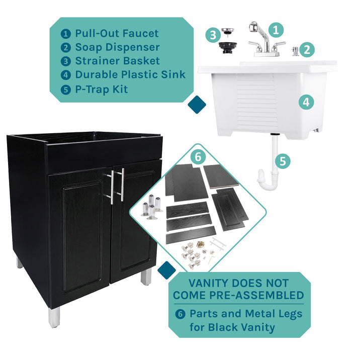 Tehila Black Vanity Cabinet and White Utility Sink with Chrome Finish Pull-Out Faucet - Sweatfully