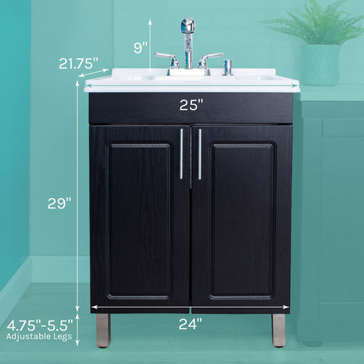 Tehila Black Vanity Cabinet and White Utility Sink with Chrome Finish Pull-Out Faucet - Sweatfully