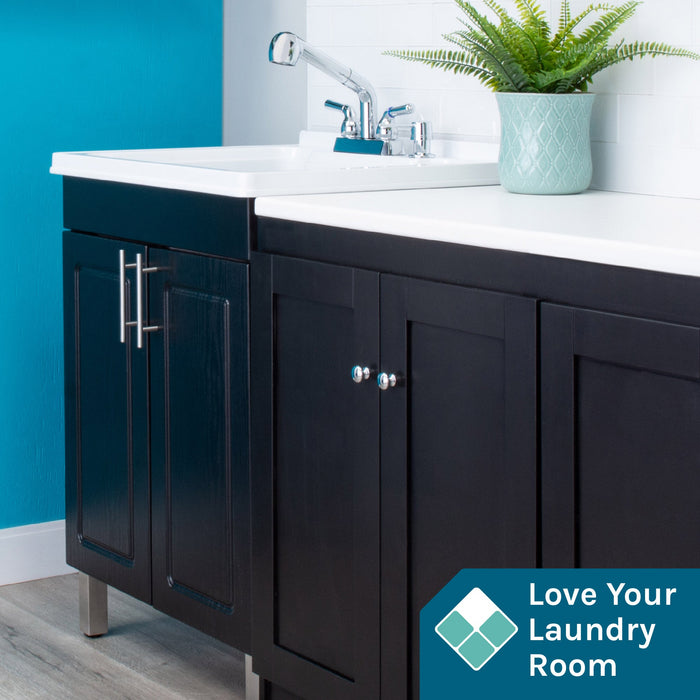 Tehila Black Vanity Cabinet and White Utility Sink with Chrome Finish Pull-Out Faucet - Sweatfully