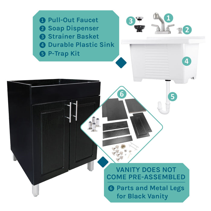 Tehila Black Vanity Cabinet and White Utility Sink with Stainless Steel Finish Pull-Out Faucet - Sweatfully
