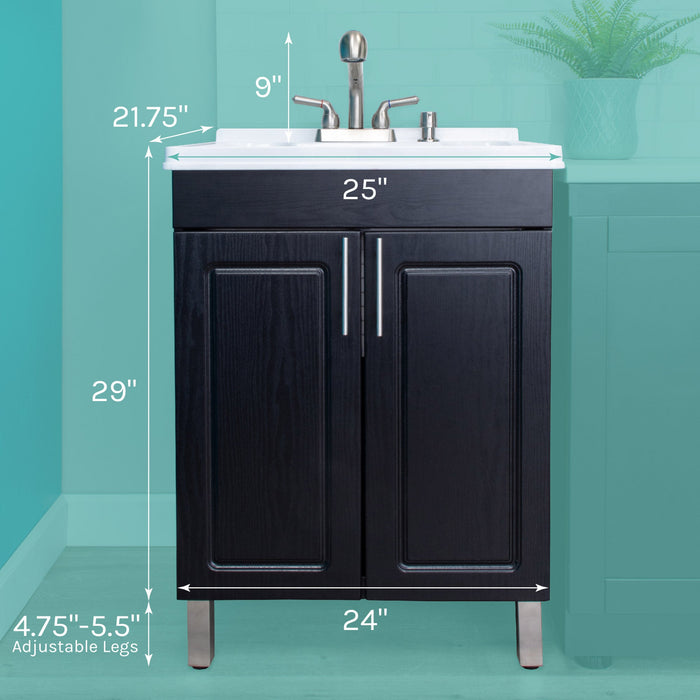 Tehila Black Vanity Cabinet and White Utility Sink with Stainless Steel Finish Pull-Out Faucet - Sweatfully
