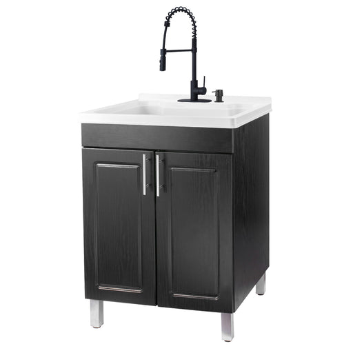Tehila Black Vanity Cabinet and White Utility Sink with Black Finish High-Arc Coil Pull-Down Faucet - Sweatfully