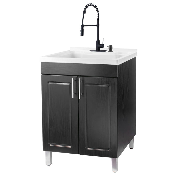 Tehila Black Vanity Cabinet and White Utility Sink with Black Finish High-Arc Coil Pull-Down Faucet - Sweatfully
