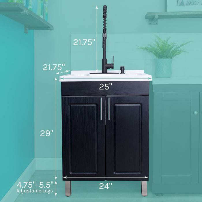 Tehila Black Vanity Cabinet and White Utility Sink with Black Finish High-Arc Coil Pull-Down Faucet - Sweatfully