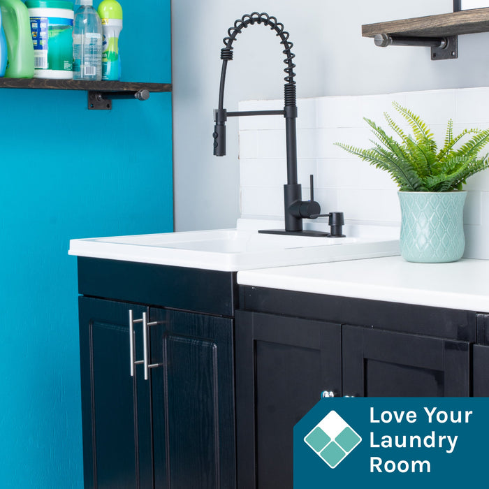 Tehila Black Vanity Cabinet and White Utility Sink with Black Finish High-Arc Coil Pull-Down Faucet - Sweatfully