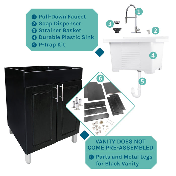 Tehila Black Vanity Cabinet and White Utility Sink with Stainless Steel Finish High-Arc Coil Pull-Down Faucet - Sweatfully