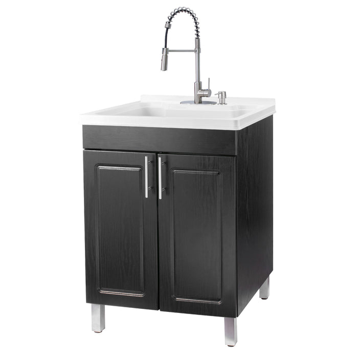 Tehila Black Vanity Cabinet and White Utility Sink with Stainless Steel Finish High-Arc Coil Pull-Down Faucet - Sweatfully