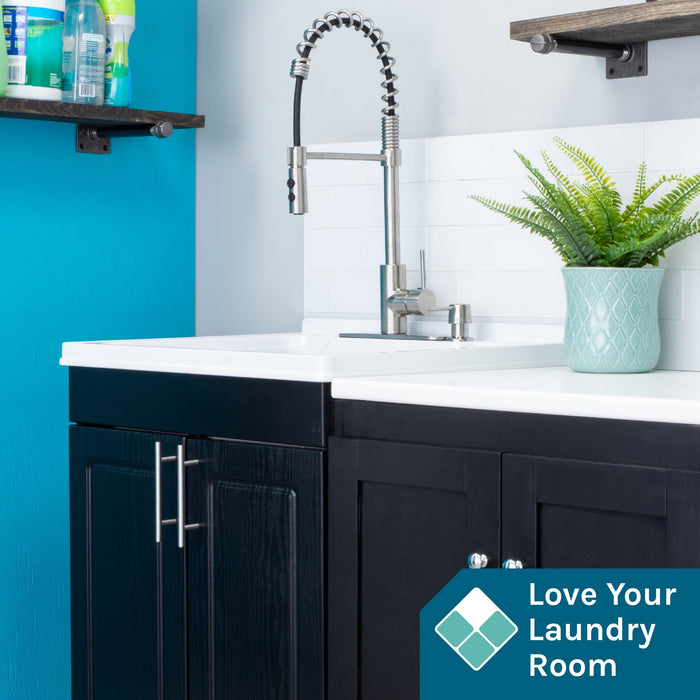 Tehila Black Vanity Cabinet and White Utility Sink with Stainless Steel Finish High-Arc Coil Pull-Down Faucet - Sweatfully