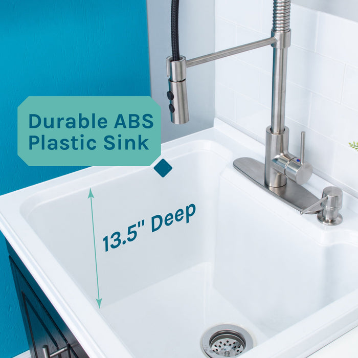 Tehila Black Vanity Cabinet and White Utility Sink with Stainless Steel Finish High-Arc Coil Pull-Down Faucet - Sweatfully