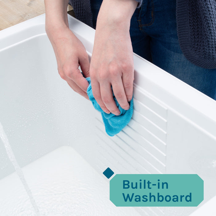 Tehila Black Vanity Cabinet and White Utility Sink with Stainless Steel Finish High-Arc Coil Pull-Down Faucet - Sweatfully