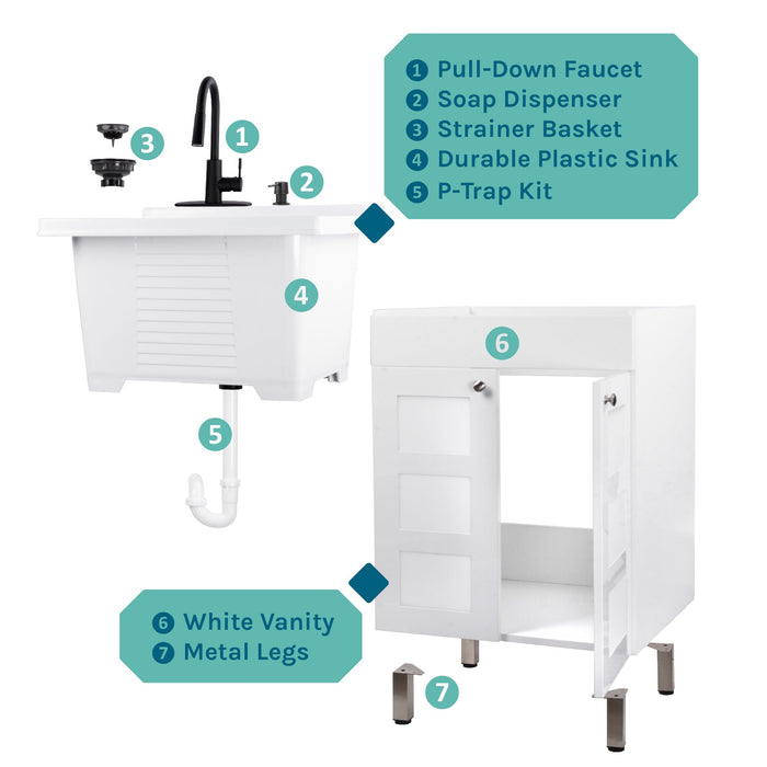 Tehila White Vanity Cabinet and White Utility Sink with Black Finish High-Arc Pull-Down Faucet - Sweatfully