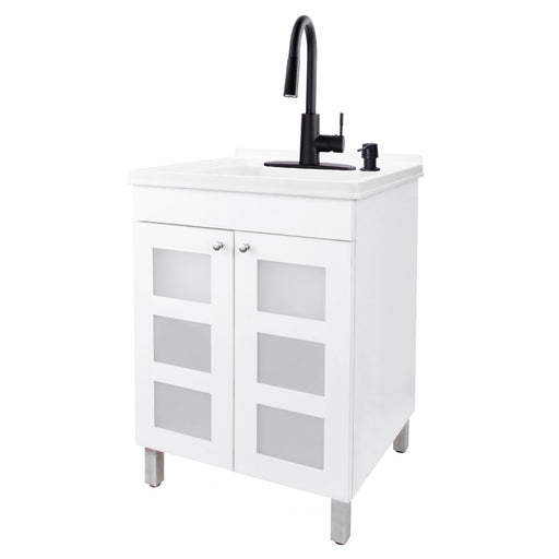 Tehila White Vanity Cabinet and White Utility Sink with Black Finish High-Arc Pull-Down Faucet - Sweatfully