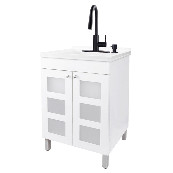 Tehila White Vanity Cabinet and White Utility Sink with Black Finish High-Arc Pull-Down Faucet - Sweatfully
