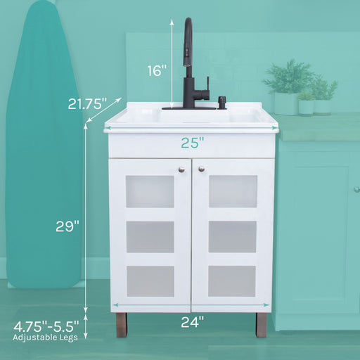 Tehila White Vanity Cabinet and White Utility Sink with Black Finish High-Arc Pull-Down Faucet - Sweatfully