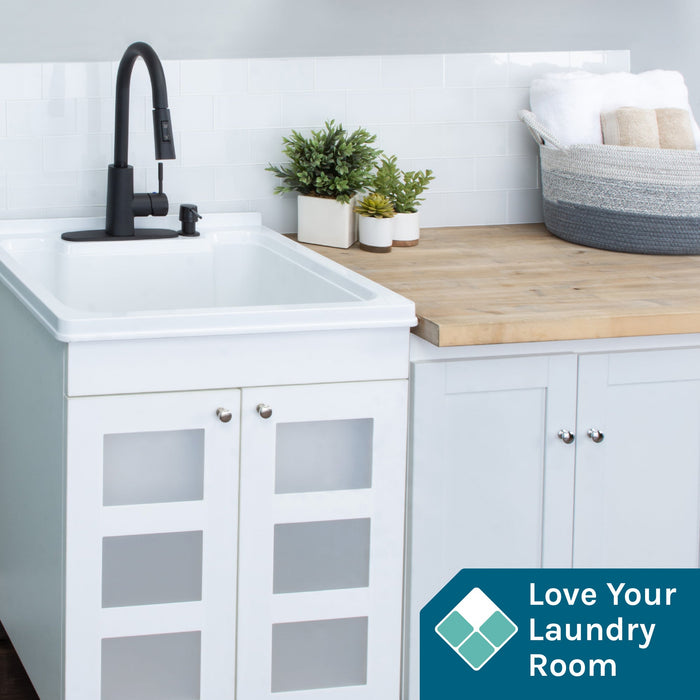 Tehila White Vanity Cabinet and White Utility Sink with Black Finish High-Arc Pull-Down Faucet - Sweatfully