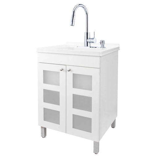 Tehila White Vanity Cabinet and White Utility Sink with Chrome Finish High-Arc Pull-Down Faucet - Sweatfully