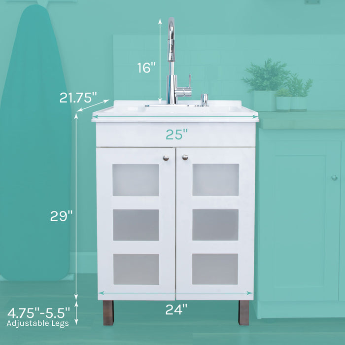 Tehila White Vanity Cabinet and White Utility Sink with Chrome Finish High-Arc Pull-Down Faucet - Sweatfully