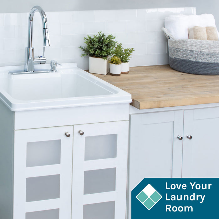 Tehila White Vanity Cabinet and White Utility Sink with Chrome Finish High-Arc Pull-Down Faucet - Sweatfully