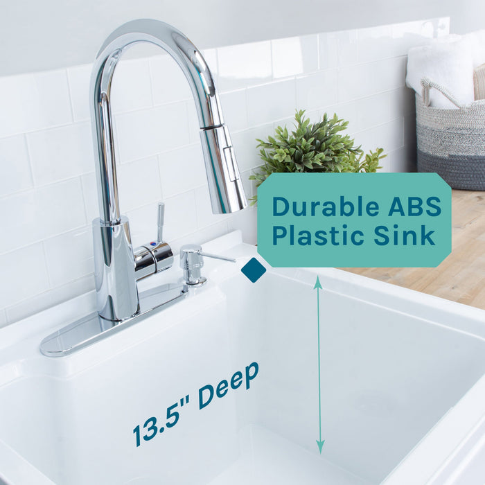 Tehila White Vanity Cabinet and White Utility Sink with Chrome Finish High-Arc Pull-Down Faucet - Sweatfully