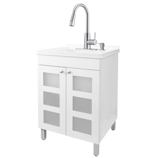 Tehila White Vanity Cabinet and White Utility Sink with Stainless Steel Finish High-Arc Pull-Down Faucet - Sweatfully