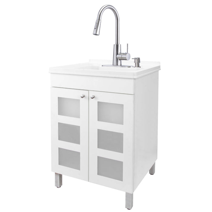 Tehila White Vanity Cabinet and White Utility Sink with Stainless Steel Finish High-Arc Pull-Down Faucet - Sweatfully