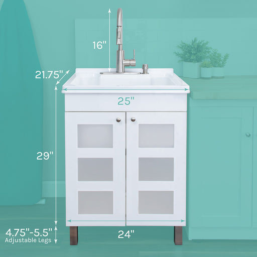 Tehila White Vanity Cabinet and White Utility Sink with Stainless Steel Finish High-Arc Pull-Down Faucet - Sweatfully