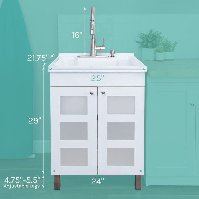 Tehila White Vanity Cabinet and White Utility Sink with Stainless Steel Finish High-Arc Pull-Down Faucet - Sweatfully