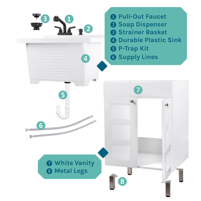 Tehila White Vanity Cabinet and White Utility Sink with Black Finish Pull-Out Faucet - Sweatfully