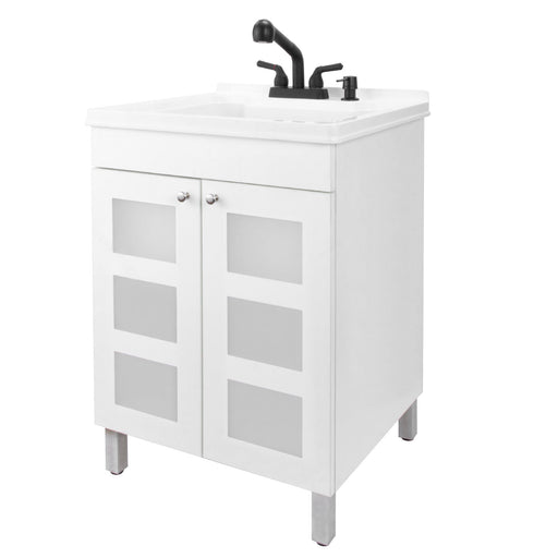 Tehila White Vanity Cabinet and White Utility Sink with Black Finish Pull-Out Faucet - Sweatfully