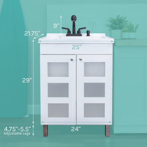 Tehila White Vanity Cabinet and White Utility Sink with Black Finish Pull-Out Faucet - Sweatfully