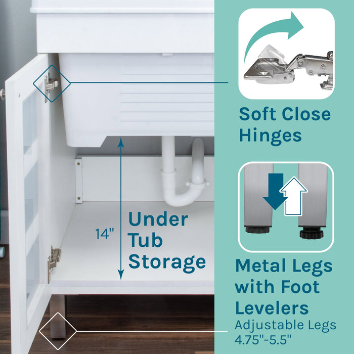 Tehila White Vanity Cabinet and White Utility Sink with Black Finish Pull-Out Faucet - Sweatfully