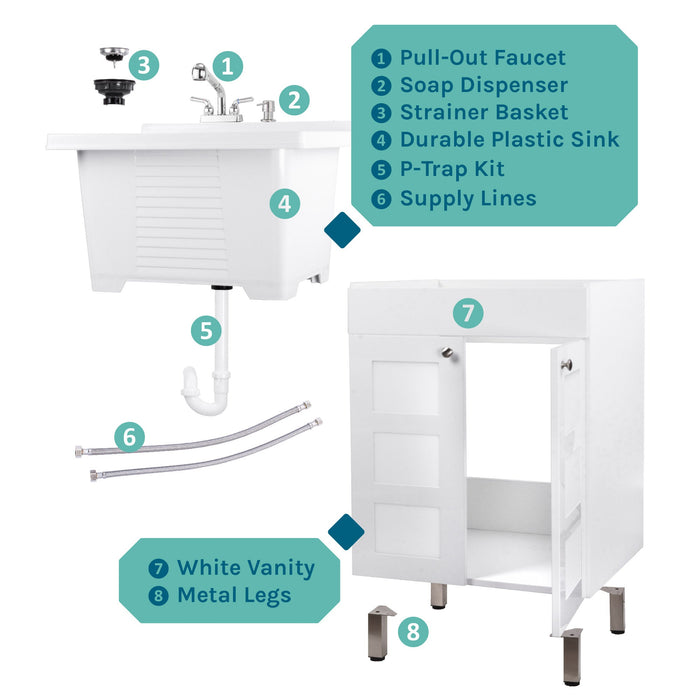 Tehila White Vanity Cabinet and White Utility Sink with Chrome Finish Pull-Out Faucet - Sweatfully
