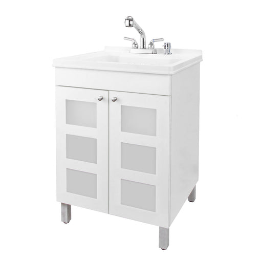 Tehila White Vanity Cabinet and White Utility Sink with Chrome Finish Pull-Out Faucet - Sweatfully