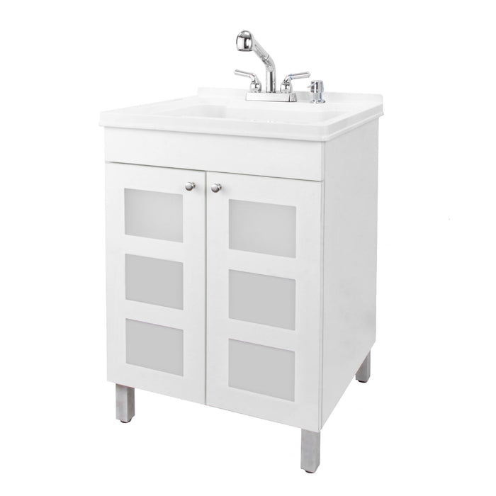 Tehila White Vanity Cabinet and White Utility Sink with Chrome Finish Pull-Out Faucet - Sweatfully