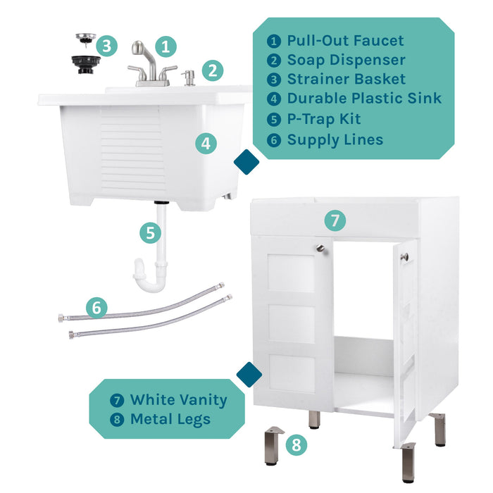 Tehila White Vanity Cabinet and White Utility Sink with Stainless Steel Finish Pull-Out Faucet - Sweatfully