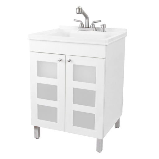 Tehila White Vanity Cabinet and White Utility Sink with Stainless Steel Finish Pull-Out Faucet - Sweatfully