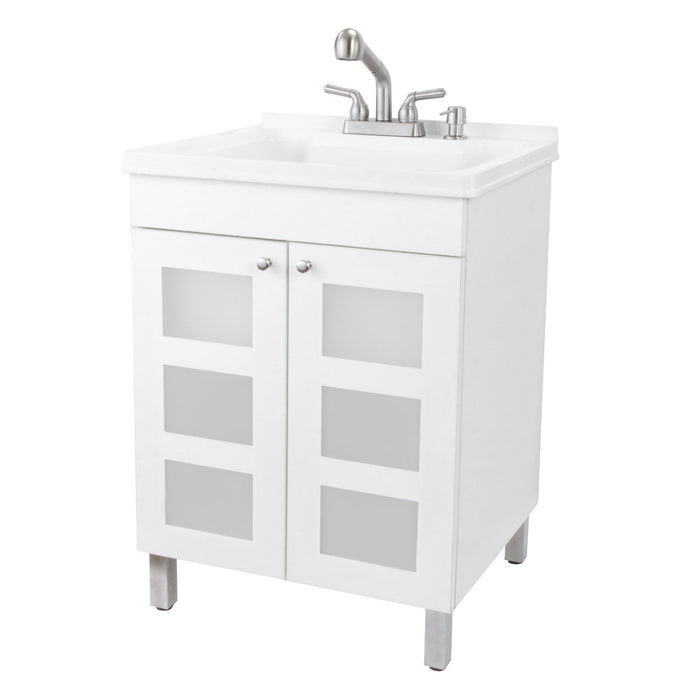 Tehila White Vanity Cabinet and White Utility Sink with Stainless Steel Finish Pull-Out Faucet - Sweatfully