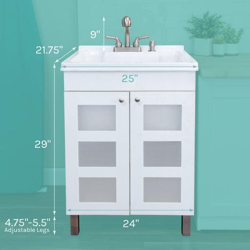 Tehila White Vanity Cabinet and White Utility Sink with Stainless Steel Finish Pull-Out Faucet - Sweatfully