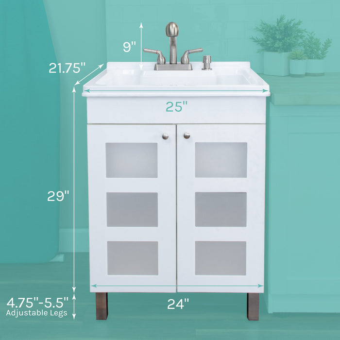 Tehila White Vanity Cabinet and White Utility Sink with Stainless Steel Finish Pull-Out Faucet - Sweatfully