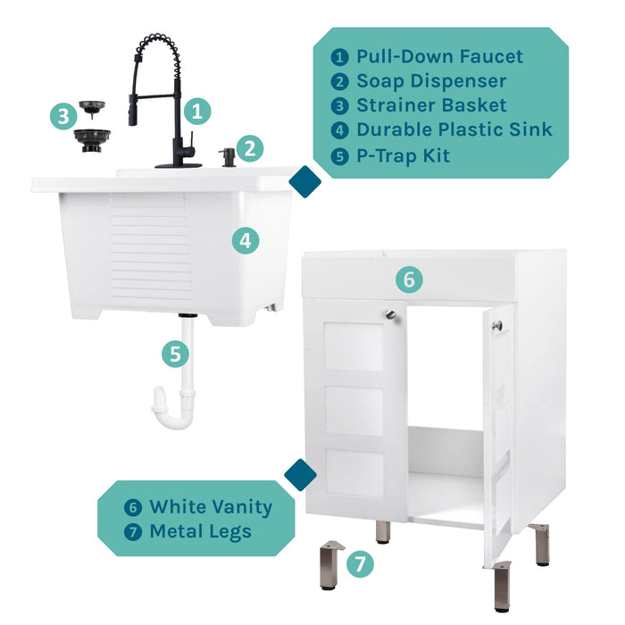 Tehila White Vanity Cabinet and White Utility Sink with Black Finish High-Arc Coil Pull-Down Faucet - Sweatfully